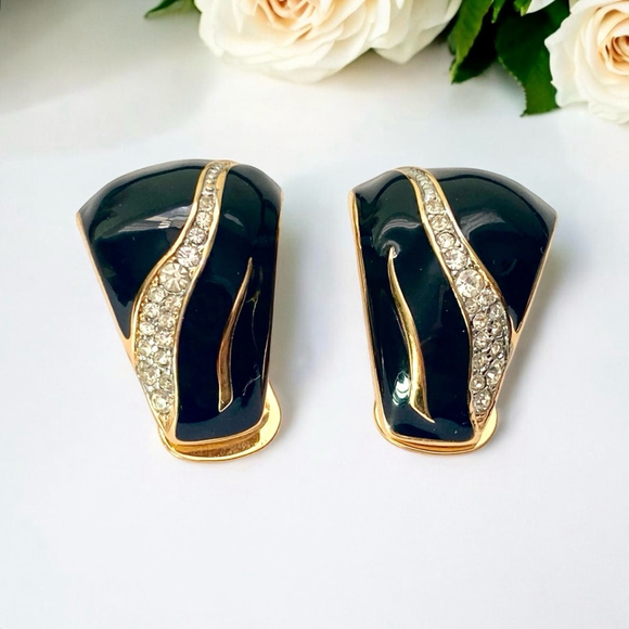 Vintage Vendome Clip-on Rhinestone Earrings Black Enamel Gold tone - Picture 1 of 5
